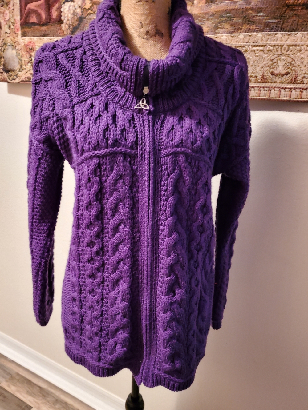 Aran Crafts Purple Cable-Knit Zip Cardigan M